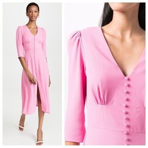NEW NWT Saloni Margot B Midi Puff Sleeve Button Dress in Rouge Bubblegum Pink